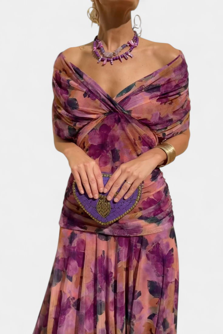 Women's elegant floral maxi dress, off-shoulder neckline, a perfect choice for any event or party.