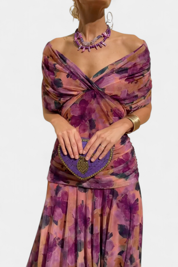 Women's elegant floral maxi dress, off-shoulder neckline, a perfect choice for any event or party.