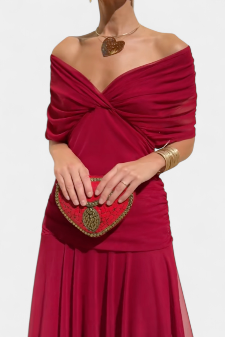 Off-shoulder floral maxi gown, elegant women's dress with a flowing silhouette for summer events.