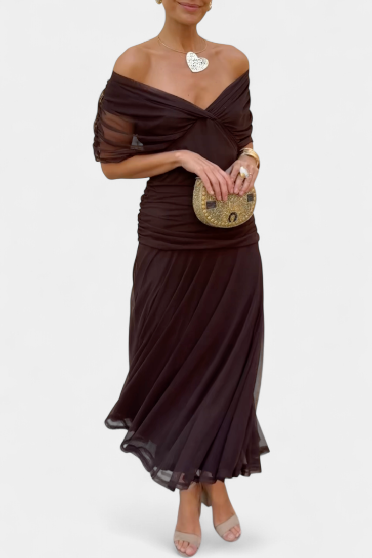 Flowing women's floral maxi dress, elegant off-shoulder design, perfect for summer parties.