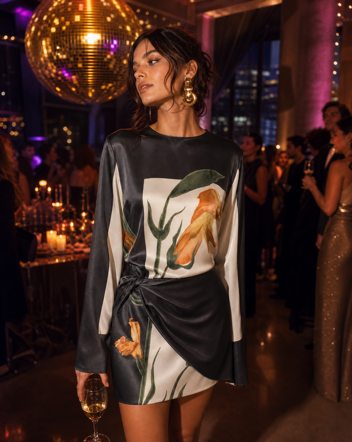Spring/summer women's floral mini dress, a chic cocktail party outfit with a flattering twist front.
