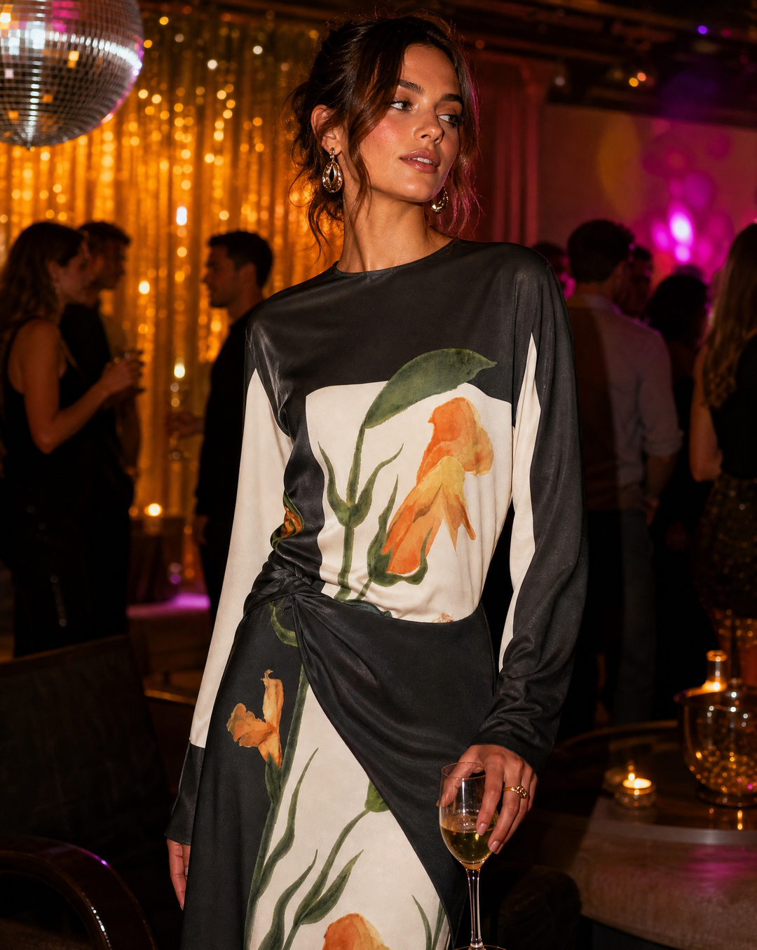 Vibrant floral print women's mini dress, a stylish twist-front cocktail dress with elegant flared sleeves.