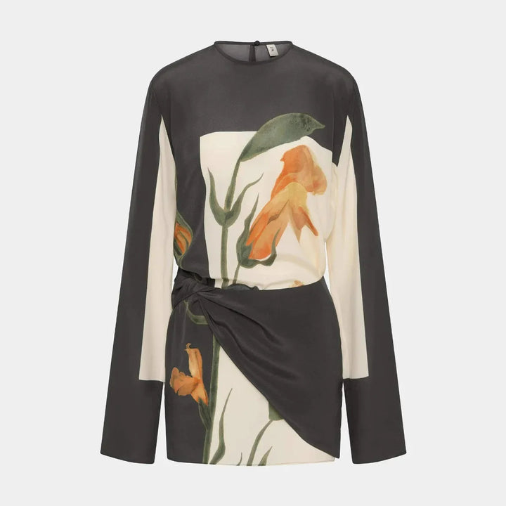 Chic women's vibrant floral print mini dress, an elegant cocktail party dress with a distinctive twist front.