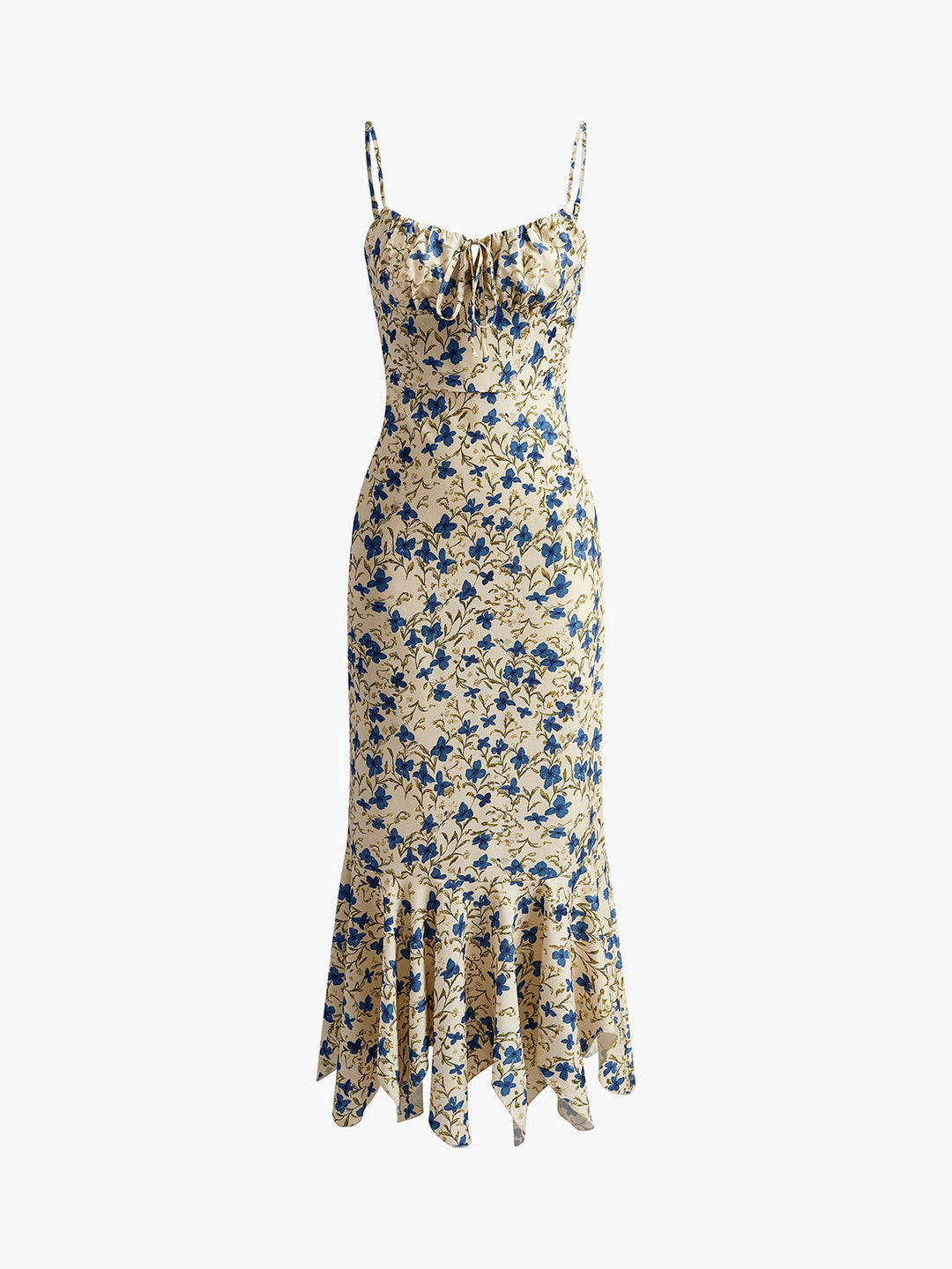 Women's elegant floral ruched spaghetti strap maxi dress, a perfect choice for summer casual or evening wear.