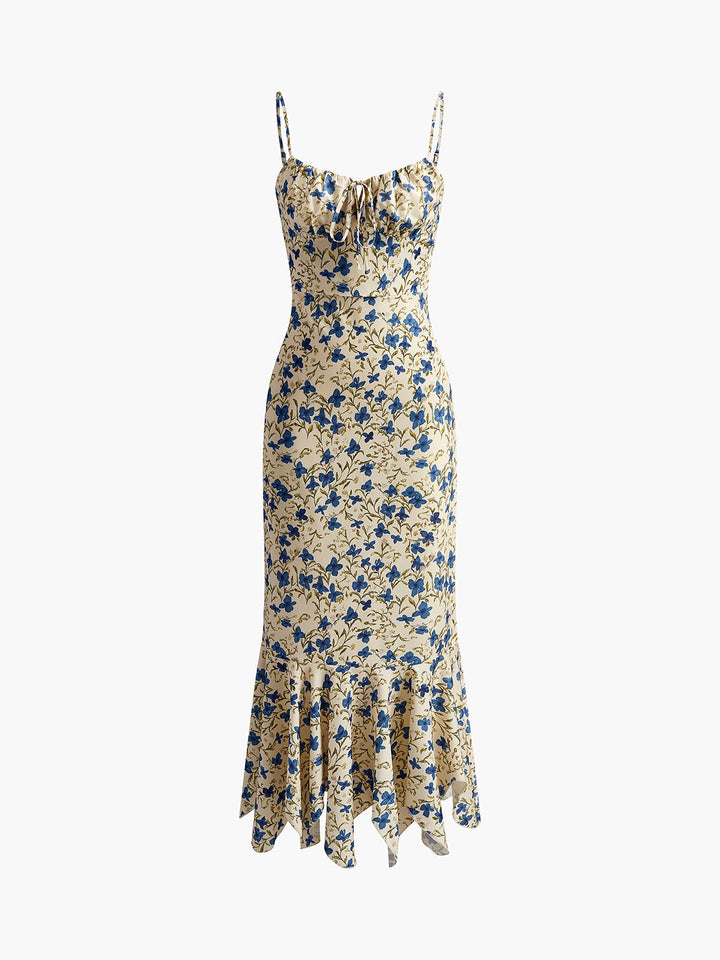 Women's elegant floral ruched spaghetti strap maxi dress, a perfect choice for summer casual or evening wear.