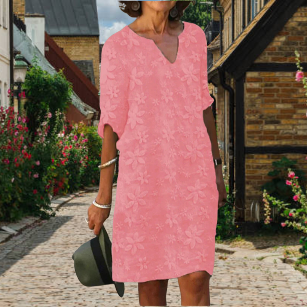 Versatile women's floral v-neck dress with half sleeves, suitable for casual outings, work, or elegant summer occasions.