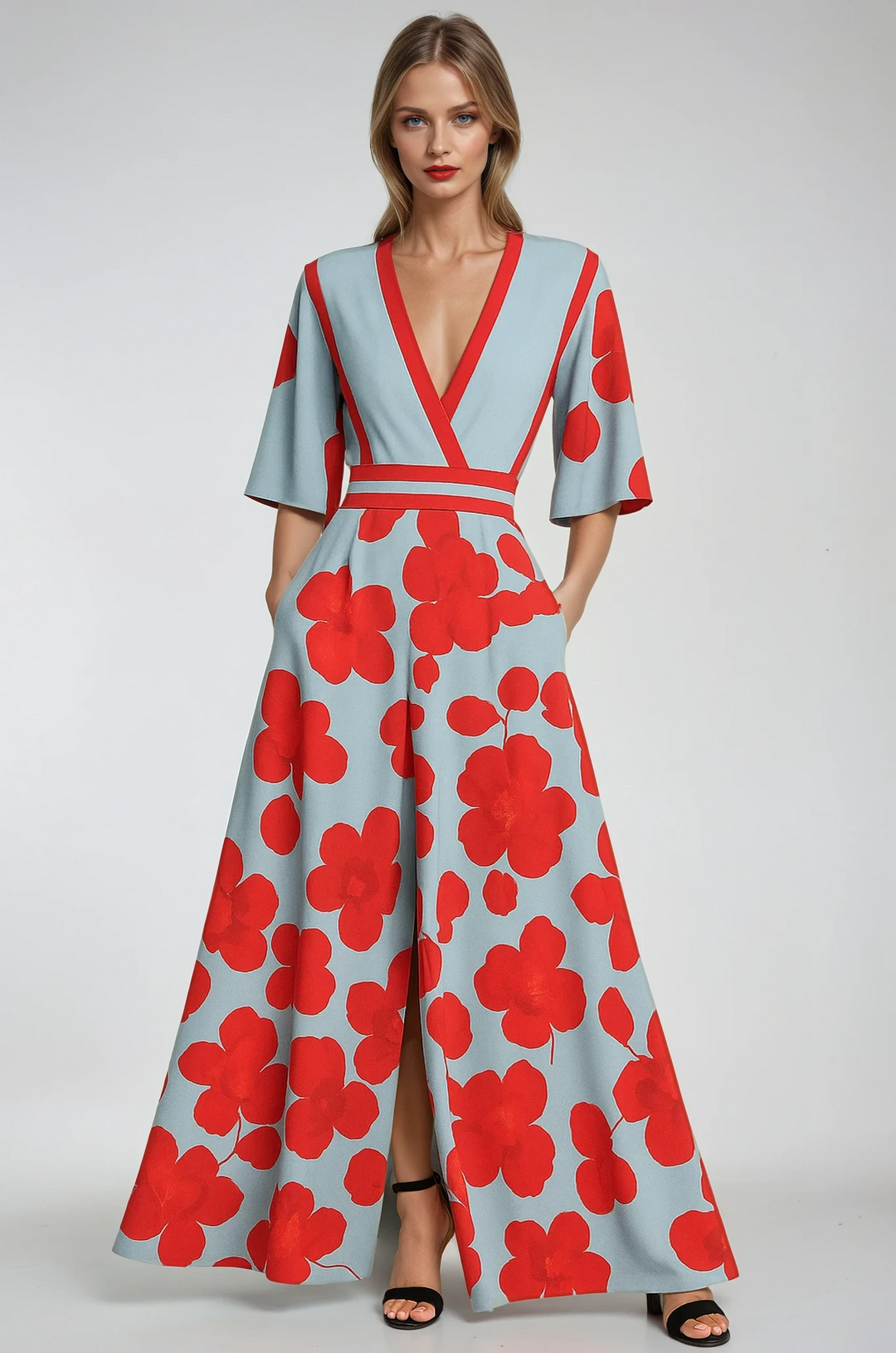 Elegant women's floral V-neck maxi dress, perfect for summer evenings & special occasion parties. Flowing feminine style.
