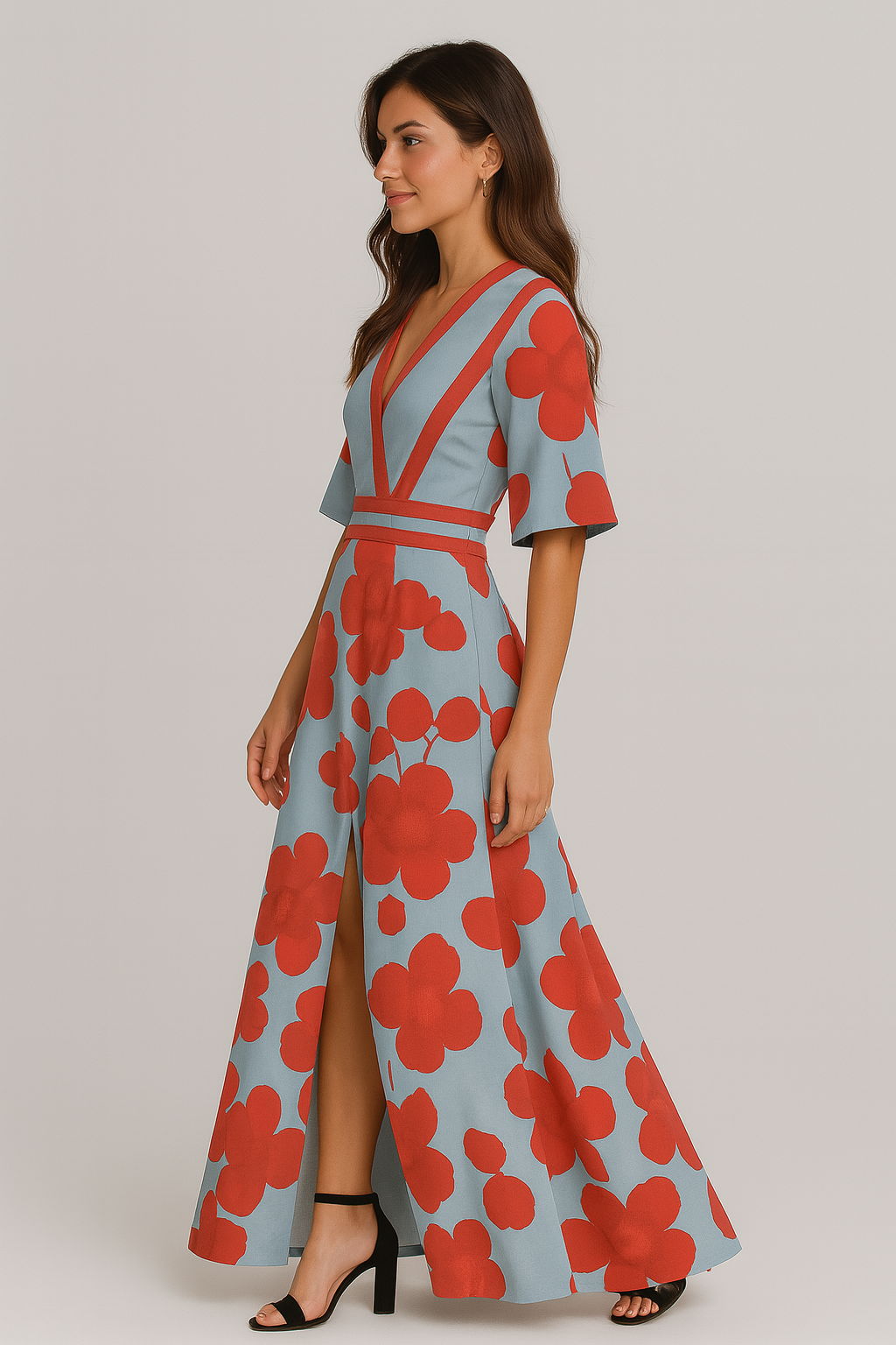 Feminine women's floral V-neck maxi dress with elegant flowing design, a stylish choice for summer evening parties.