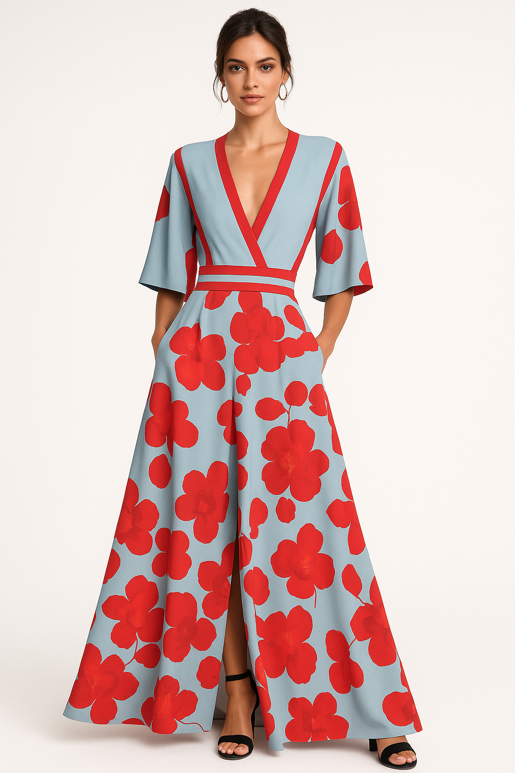 Chic women's floral maxi dress with V-neck, perfect for elegant summer evening parties & special occasion wear.