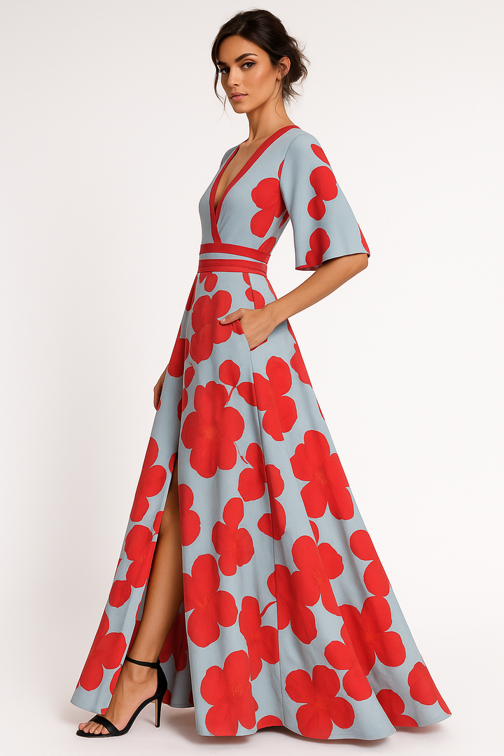 Stunning women's floral V-neck maxi dress, a flowing summer evening dress for elegant parties & special occasions.