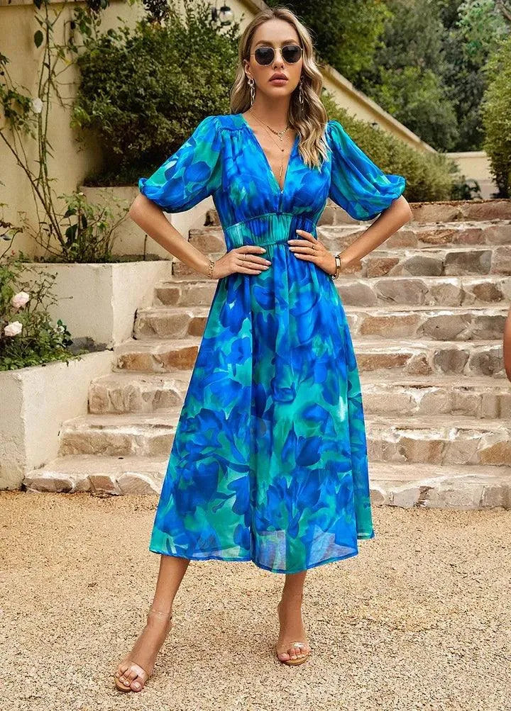 Elegant women's floral V-neck midi dress, perfect for races, parties & summer occasions.