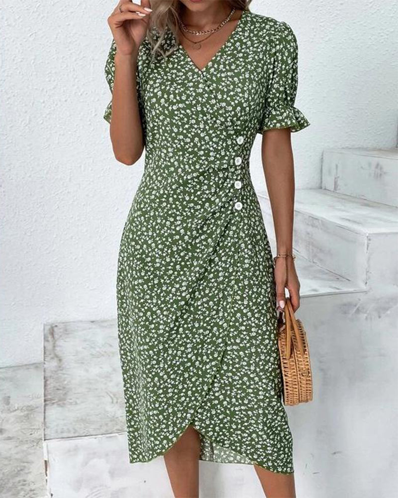 Elegant women's floral V-neck midi dress, perfect for spring and summer, offering a flowy and comfortable fit.