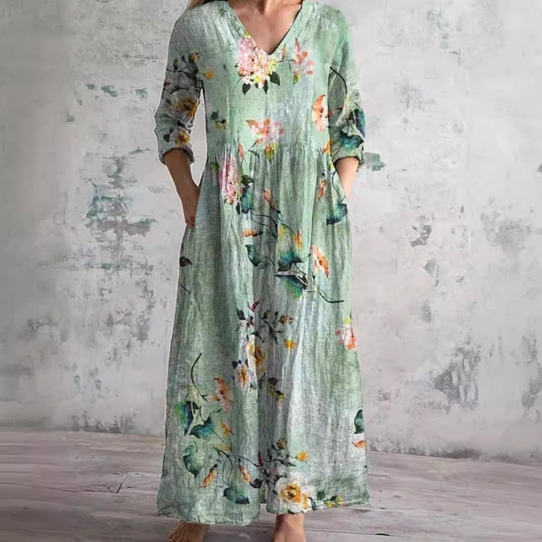 Breezy women's floral V-neck sundress, an elegant and comfortable choice for summer days.
