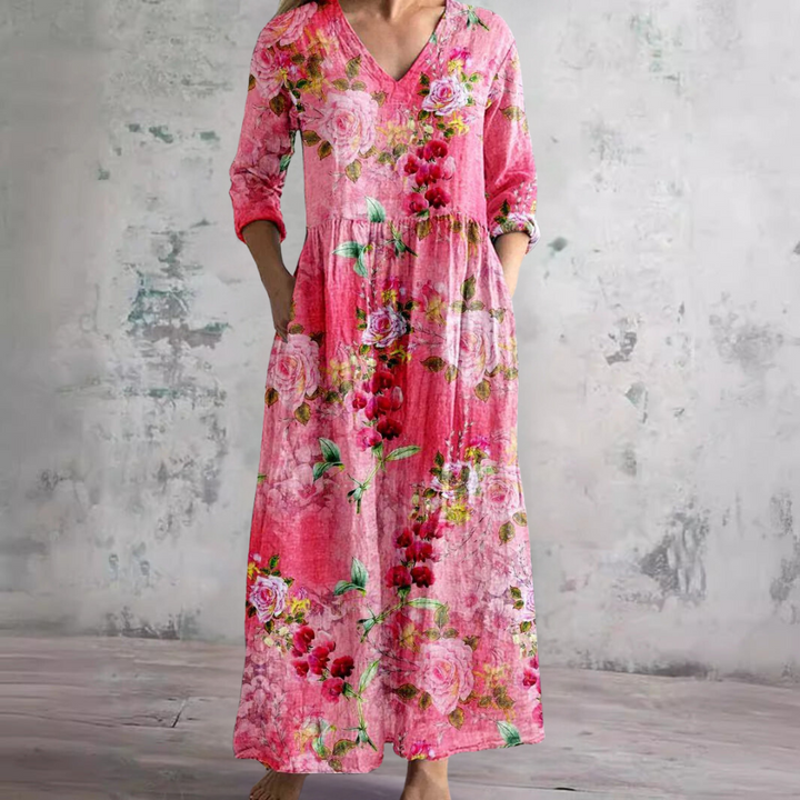 Stylish women's floral V-neck summer dress, perfect for warm weather, day outings, or vacation.
