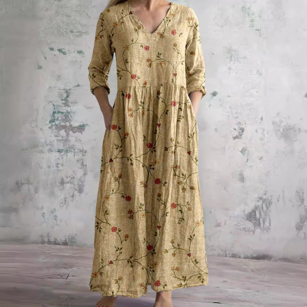 Vibrant floral print women's V-neck summer dress, elegant, breezy, and comfortable for any occasion.