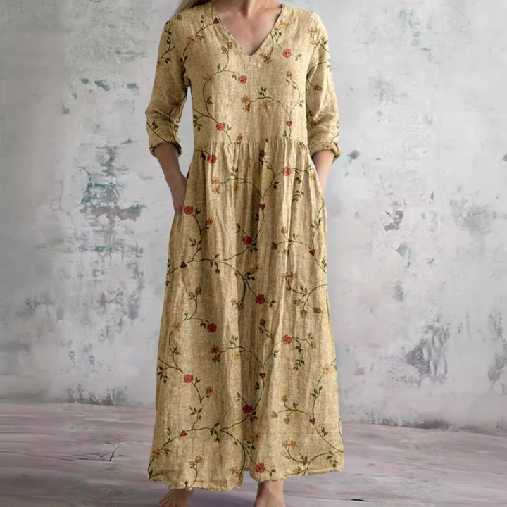 Vibrant floral print women's V-neck summer dress, elegant, breezy, and comfortable for any occasion.