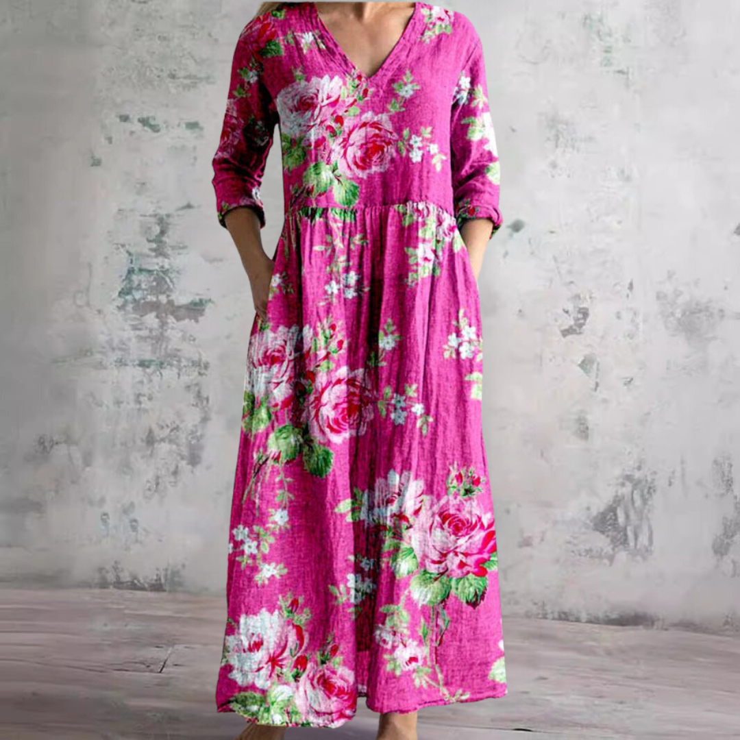 Elegant women's V-neck floral summer dress, a comfortable and stylish choice for warm-weather days.