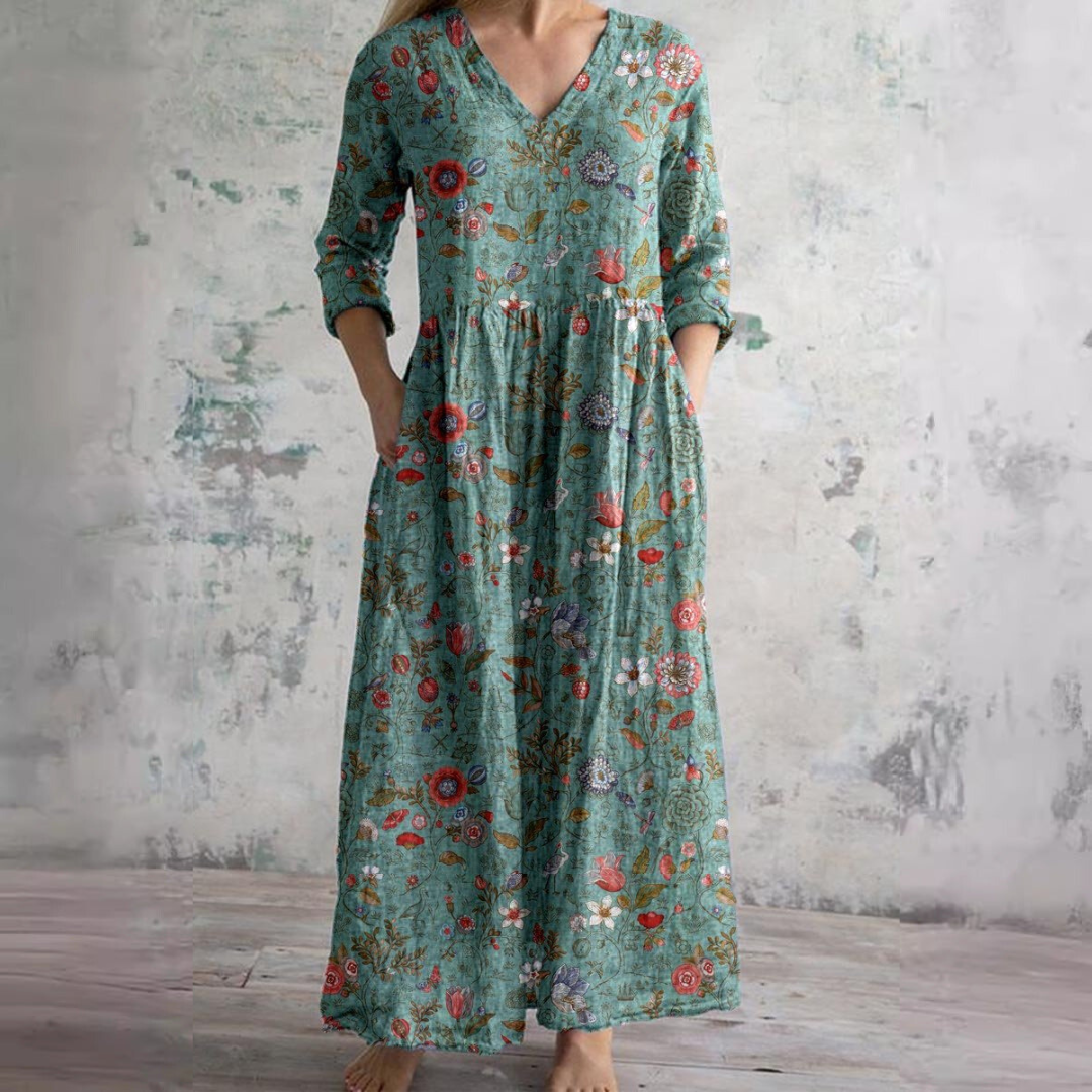 Casual women's floral V-neck sundress, perfect for breezy summer comfort and elegant warm-weather style.
