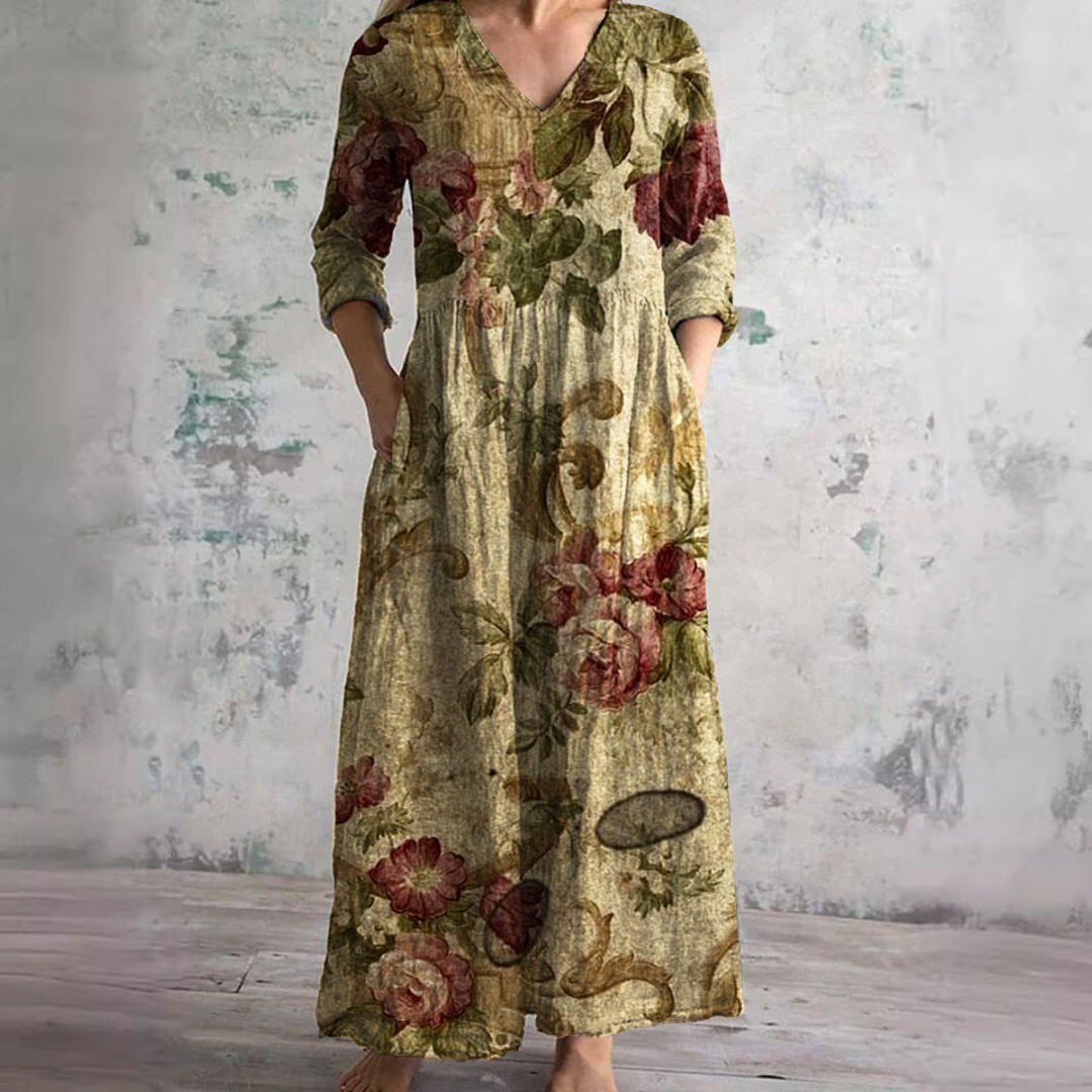 Beautiful women's floral V-neck summer dress with an elegant print, breezy and comfortable for warm days.