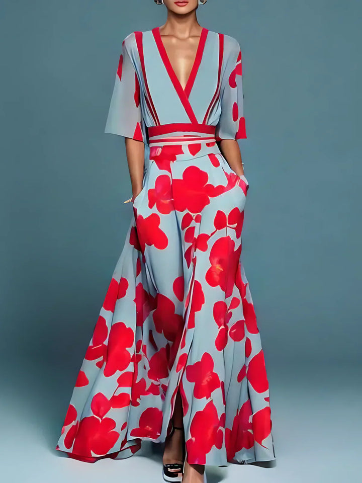 Elegant women's floral wrap midi dress, perfect for spring & summer events. Flattering and feminine style.