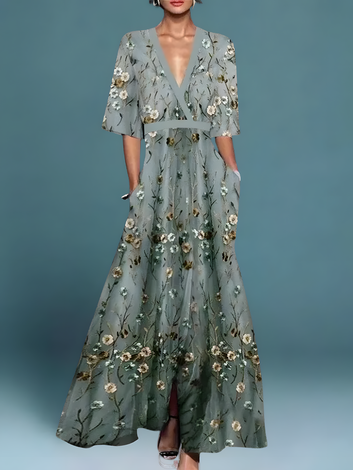 Feminine women's elegant floral wrap dress, a flattering spring/summer midi style for various occasions.