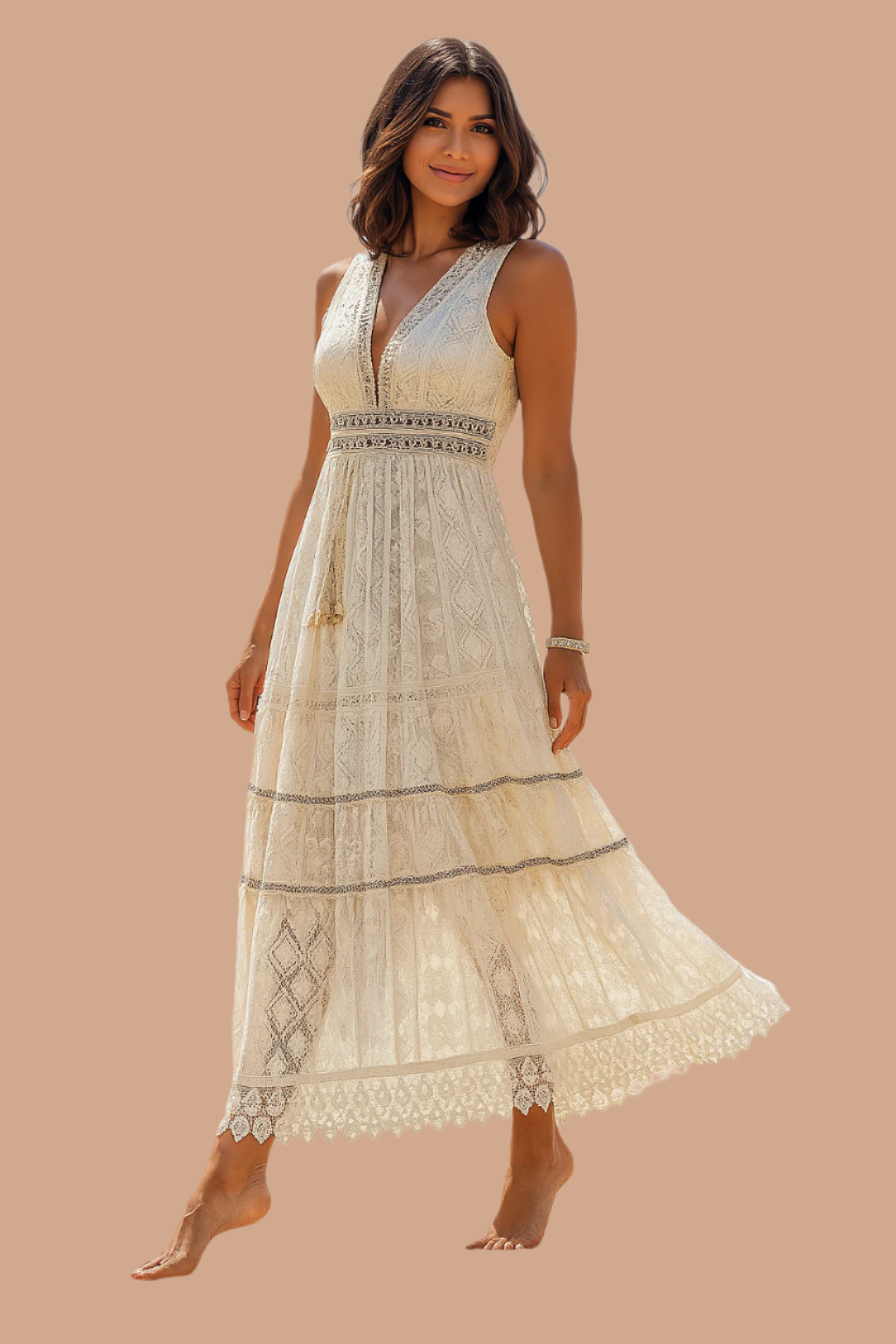 Comfortable V-neck boho maxi dress for women, with a tie waist, ideal for casual summer and resort days.