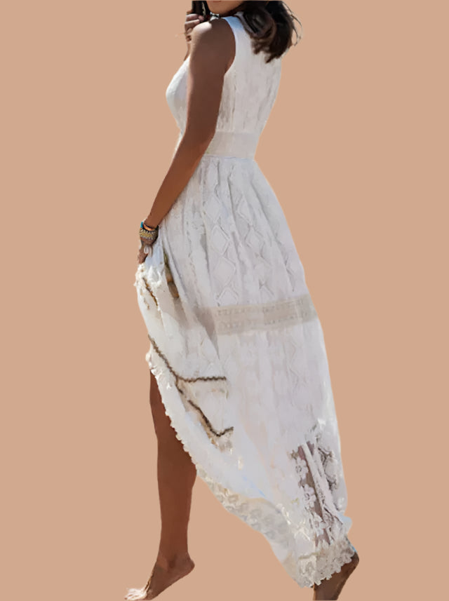 Chic women's bohemian maxi dress with a flowing silhouette, elegant and comfortable for summer beachwear.