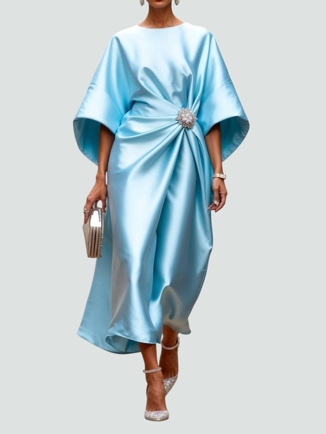 Model wearing a flattering women's elegant flowing long dress. Modest and comfortable for summer events.