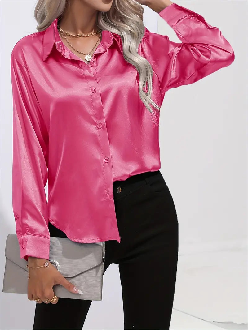 Professional women's elegant blouse, versatile button-down. Flowy long-sleeve for work or events.
