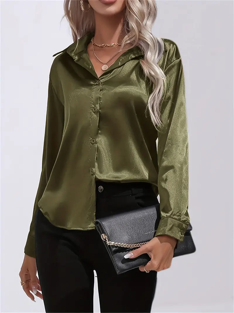 Dressy women's collared shirt, chic flowy blouse. Ideal for sophisticated office wear or evening.
