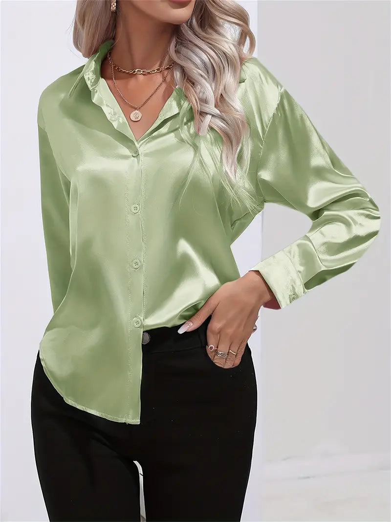 Professional women's button-down, versatile & chic workwear blouse. Elegant flowy long-sleeve top.