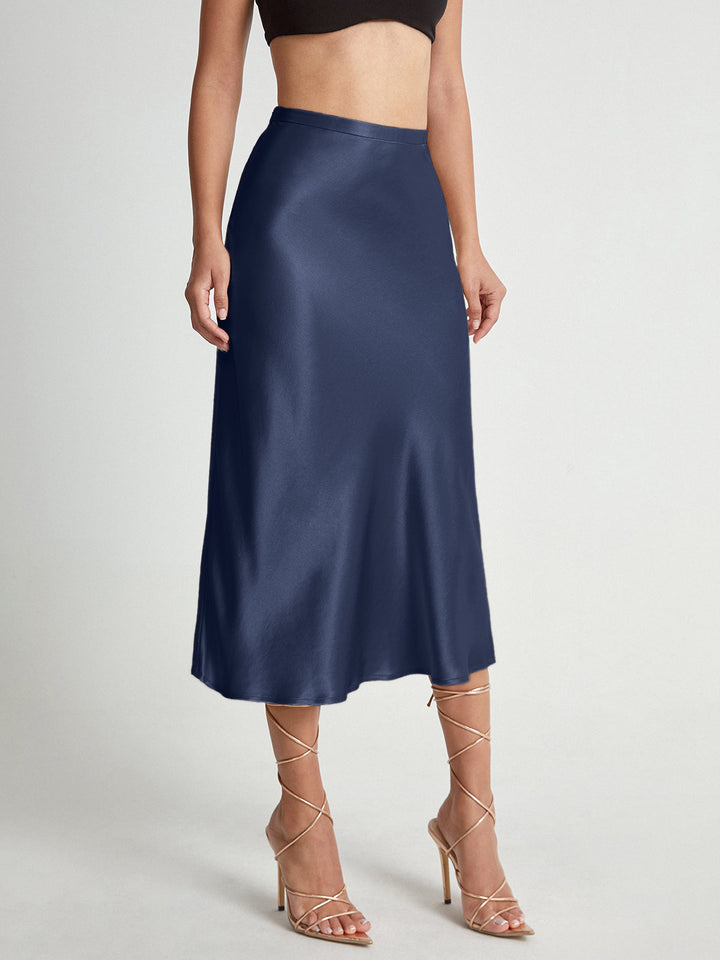 Champagne elegant midi skirt for women, flowy A-line high-waisted, perfect for occasion wear.
