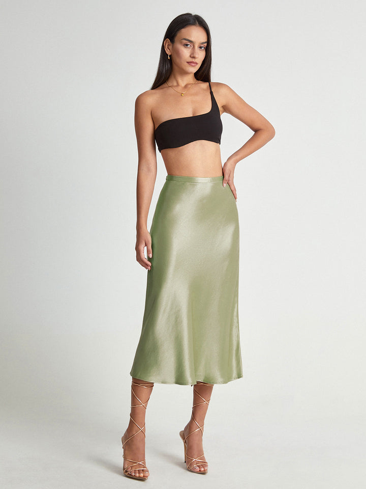 Navy blue graceful midi skirt, women's high-waisted A-line, timeless and sophisticated for any event.