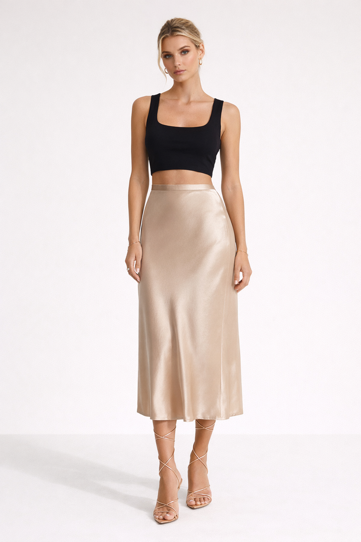 Olive green women's elegant flow midi skirt, A-line, high-waisted, adding timeless grace to your outfit.
