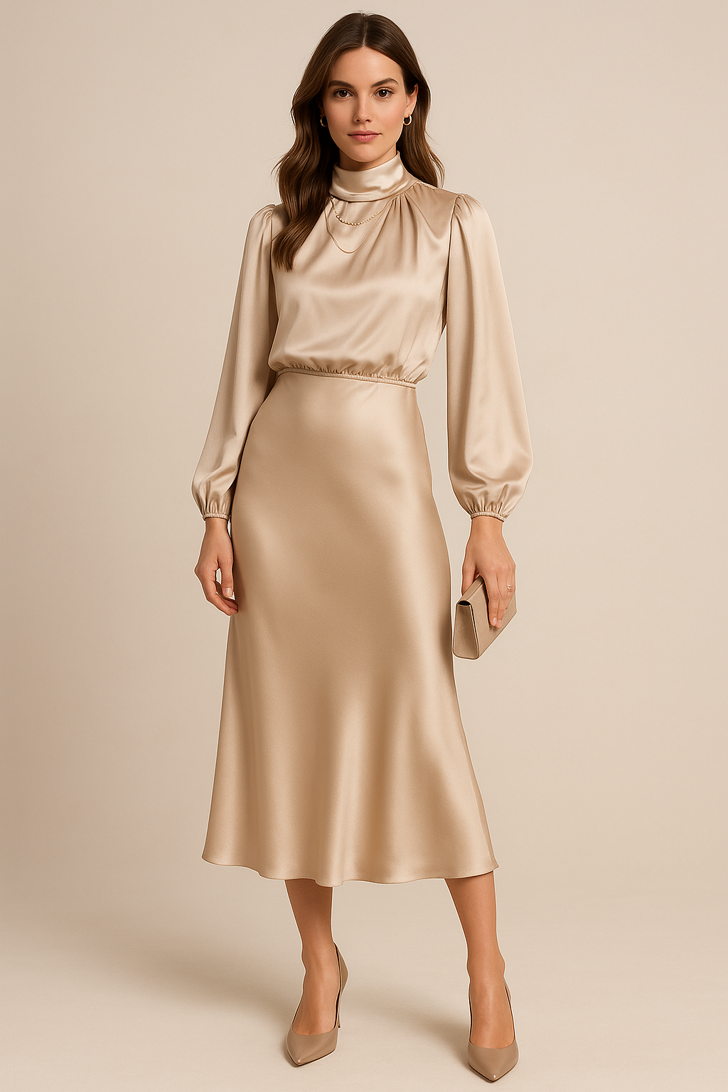 Elegant women's gala dress for special occasions; high neck & long sleeves.