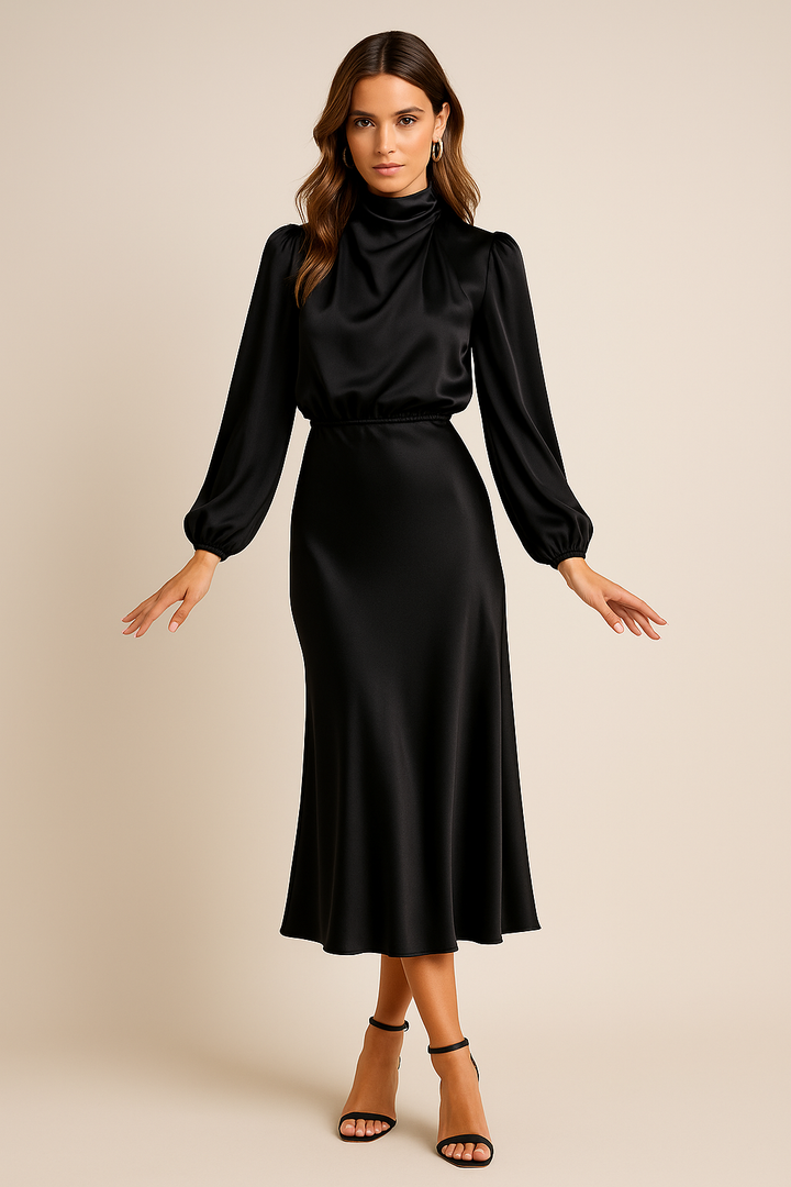 Women's special occasion gala dress, an elegant high-neck long-sleeve evening gown.