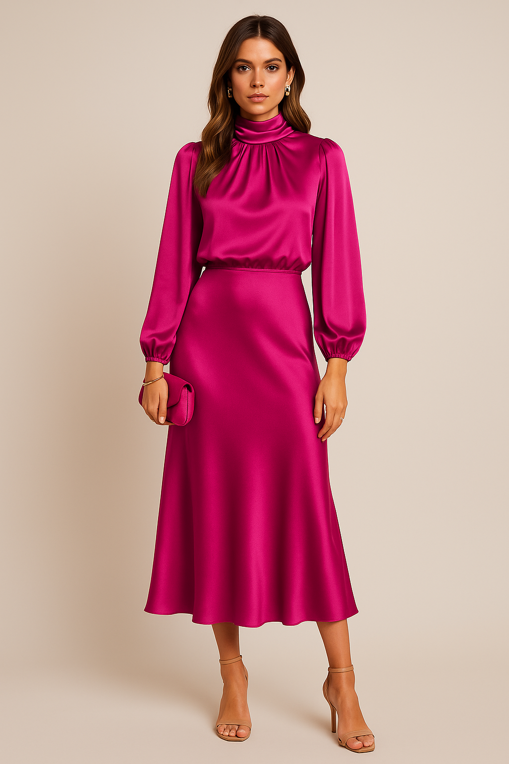 Elegant women's gala dress, long-sleeve high-neck formal evening gown for special events.