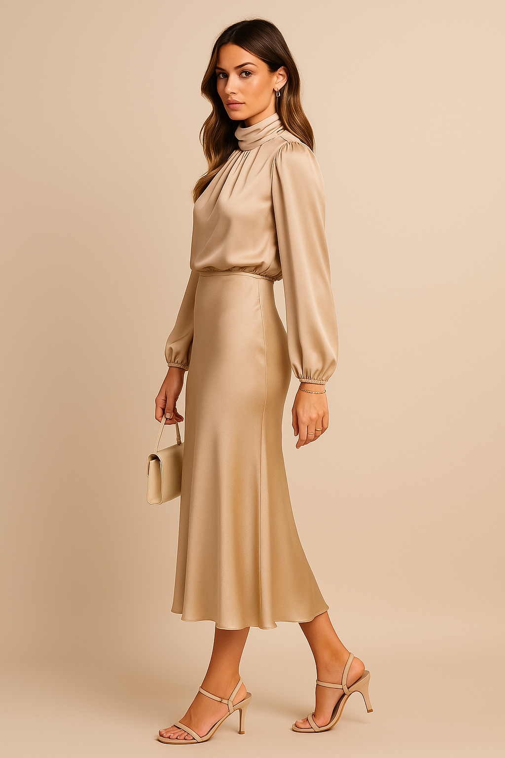 Women's high-neck, long-sleeve elegant gala dress. Ideal for formal parties & special events.