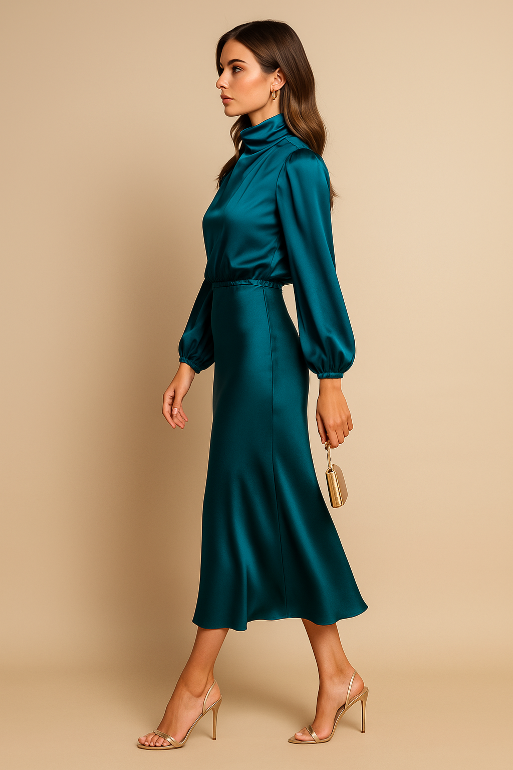 Stunning women's gala dress with high neck, long sleeves & flowing silhouette for elegant events.