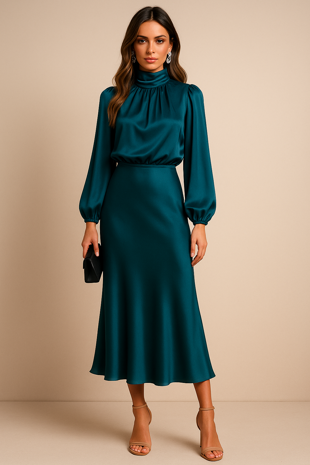 Elegant special occasion dress for women, a high-neck, long-sleeve evening gown.