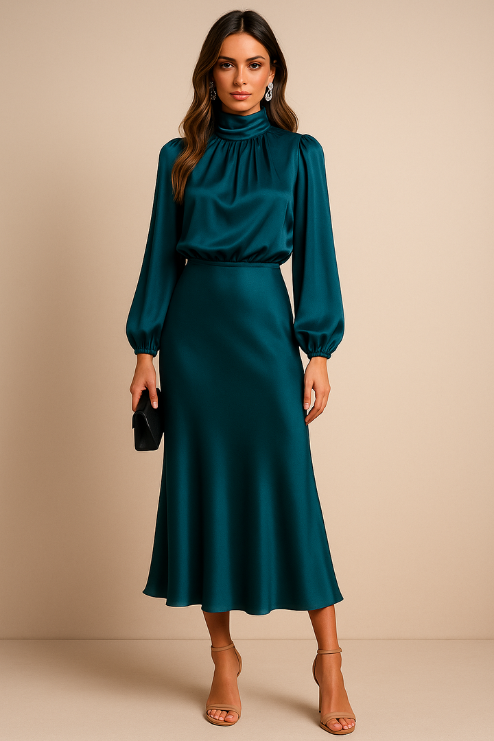 Elegant special occasion dress for women, a high-neck, long-sleeve evening gown.