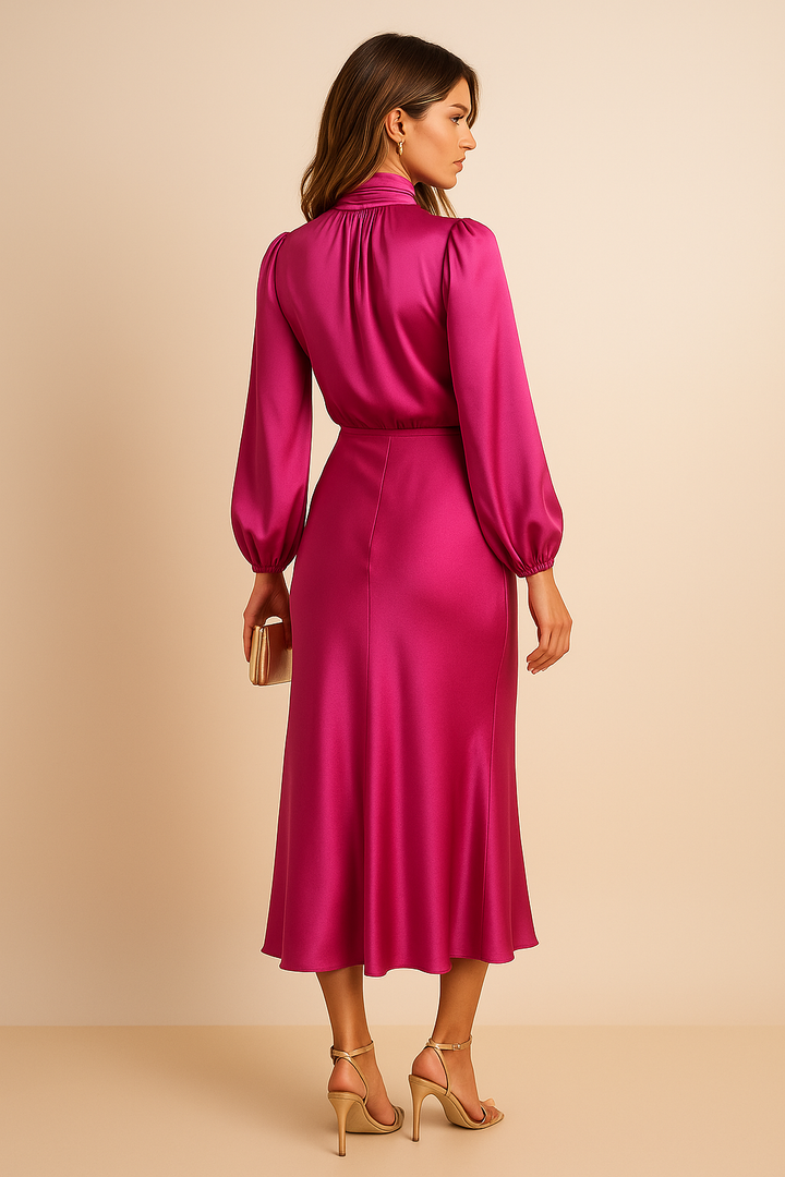 Elegant women's formal evening gown, a high-neck, long-sleeve dress for special occasions.