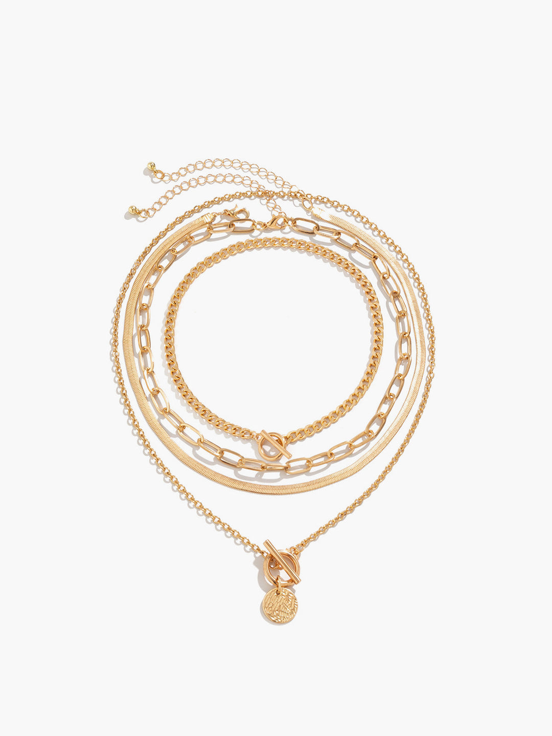 Stylish gold layered necklace set for women with a unique coin pendant, a chic and elegant jewelry piece.