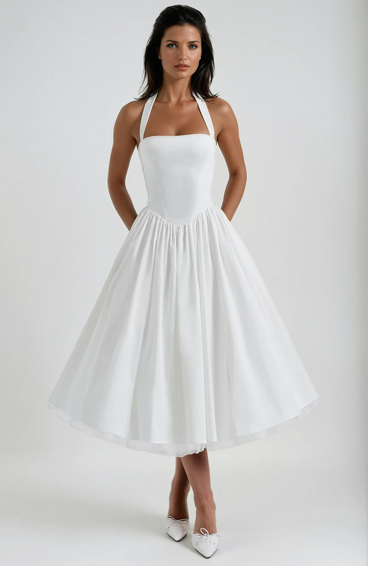 Elegant Women's Halter Midi Dress, perfect for wedding guests & formal summer parties.
