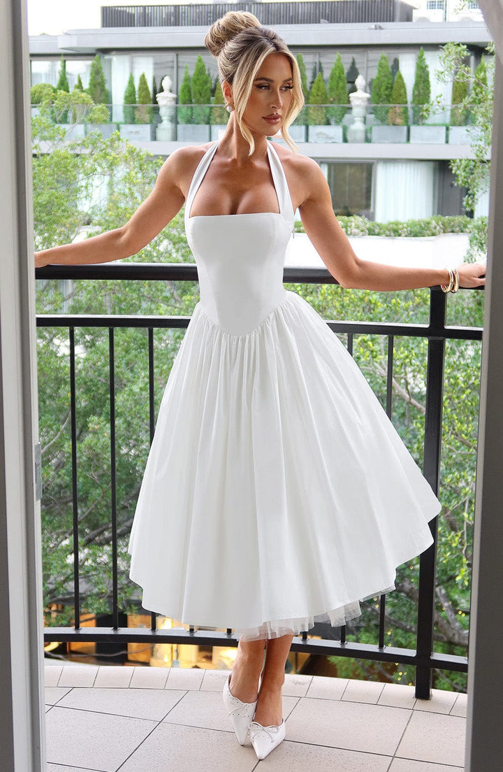 Chic Halter Neck Midi Dress for women, ideal for wedding guests, cocktail & party events.