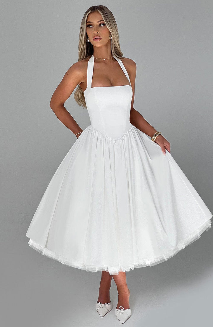 Graceful Women's Halter Neck Midi Dress featuring a flattering flared skirt, very elegant.
