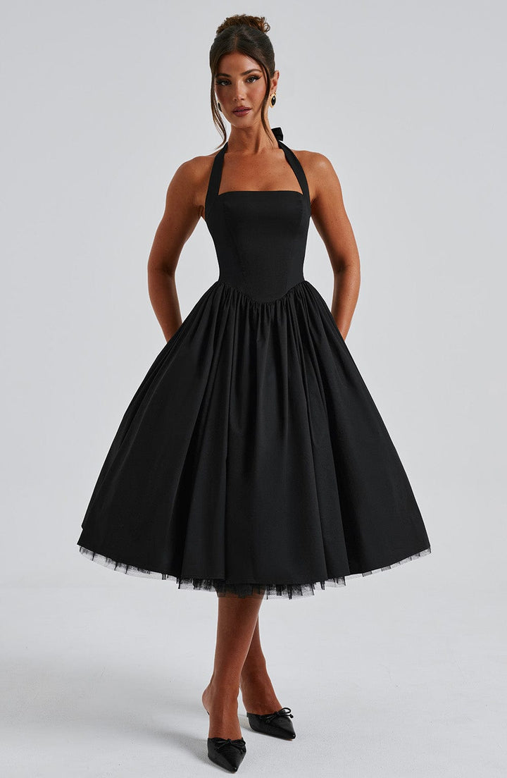 Summer-ready elegant Women's Halter Midi Dress, great for outdoor formal events & parties.