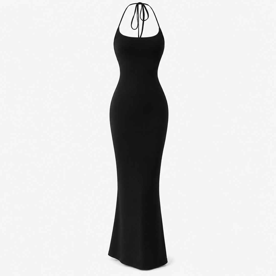 Chic women's backless halter maxi dress, a stylish long evening gown for parties & formal events. Elegant fashion.