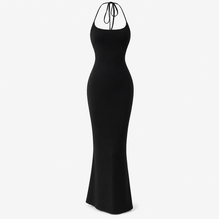Chic women's backless halter maxi dress, a stylish long evening gown for parties & formal events. Elegant fashion.