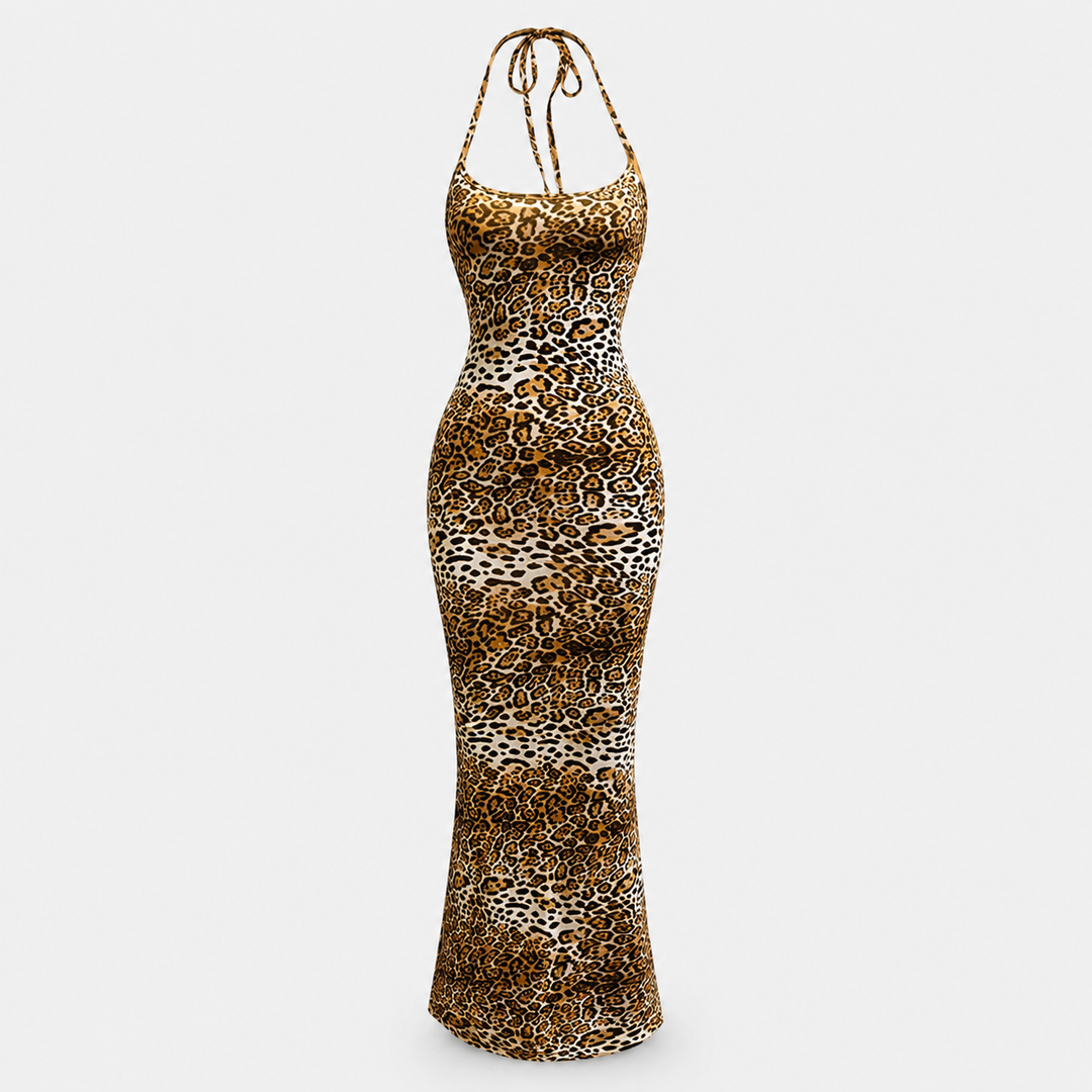 Formal women's long halter neck maxi dress. Elegant backless evening gown for special occasions & high-end events.